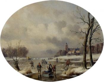 卡爾 愛德華 阿倫德斯 Skaters On A Frozen Waterway, A 'Koek En Zopie' In The Distance